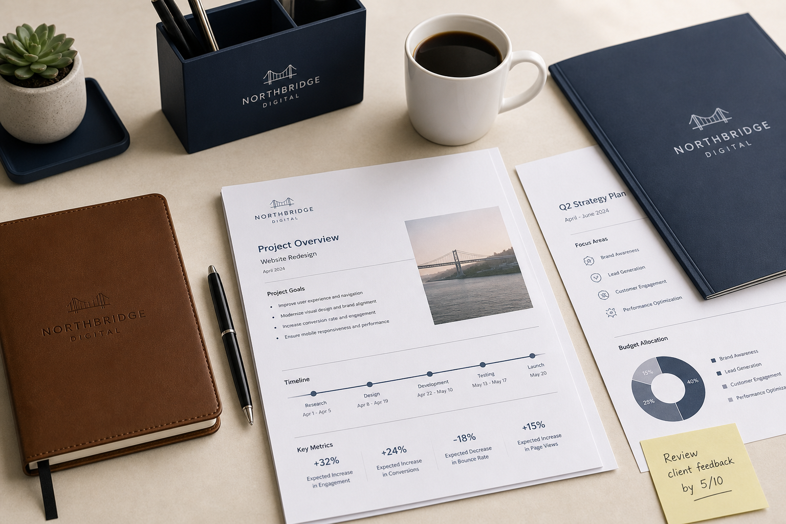 Printed project documents and notes arranged on a clean office desk